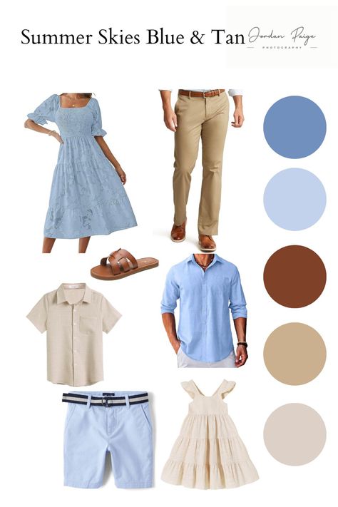 Photoshoot Color Palette Summer, Family Pictures Light Blue, Baby Blue Family Pictures Outfits, Blue Themed Family Photos, Blue Family Pictures Outfits Summer, Blue White Khaki Family Pictures Beach, Dusty Blue Family Pictures Outfits, Family Photo Blue Color Scheme, Blue And Tan Family Photo Outfits