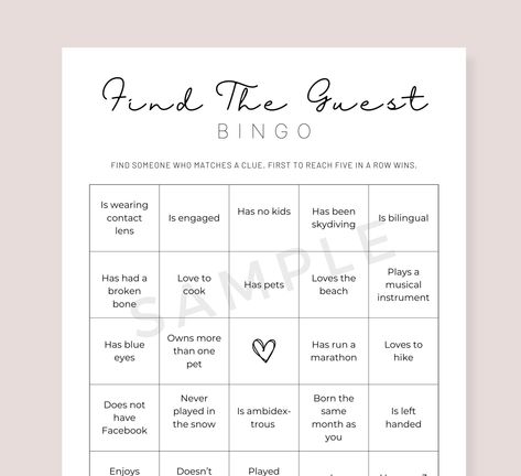 Minimalist PDF find the guest bingo game printable to add laughter to your party. This find the guest game is suitable as a find the guest baby shower game, find the guest bridal shower and gender reveal parties. Perfect game to help your guests mingle. INCLUDES - 2 page PDF find the guest template  PAPER SIZE - US letter size DOWNLOAD FILES 1. Checkout & download file(s) 2. IMPORTANT: Open the PDF in Acrobat Reader    -Free Download: www.get.adobe.com/reader 3. Print using the vendor of your ch Guess The Guest Game, Find The Guest Game, 1st Birthday Games, Find The Guest Bingo, Guest Bingo, Find The Guest, Gender Reveal Games, Baby Bingo, Baby Shower Bingo