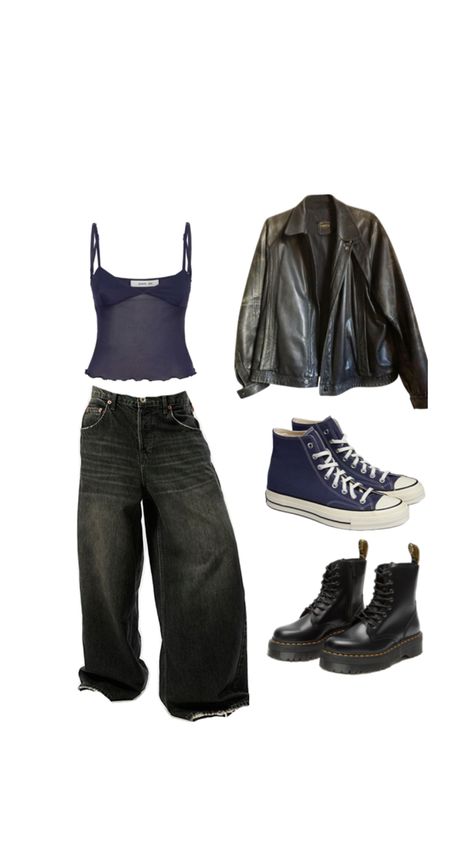 rockstar girlfriend aesthetic, dark blue, leather jacket Blue Rockstar Outfit, Aesthetic Rockstar Girlfriend Outfits, Ways To Style Leather Jacket, Rockstar Outfits Aesthetic, Winter Outfits With Leather Jackets, Revenge Era Outfit, Dark Downtown Girl Aesthetic, Dark Feminine Outfit Ideas For School, Greasers Outfit