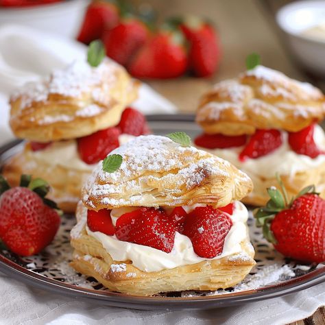 How to Make Delicious Strawberries & Cream Pastry Puffs Strawberry Cream Pastry, Cream And Berry Filled Pastry Balls, Strawberry Puff Pastry Recipes, Strawberry Cream Puff Pastry, Cream Filled Puff Pastry, Strawberry Cream Puff, Strawberry Puff Pastry, Cream Puff Dessert, Strawberry Cream Puffs