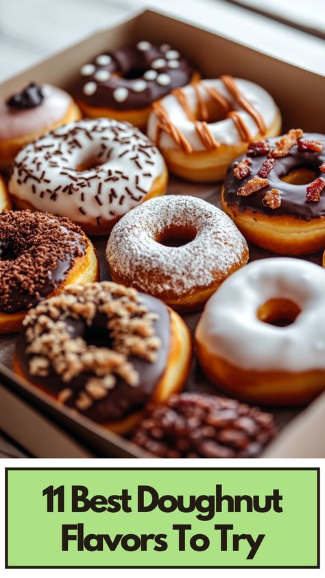 A box of assorted doughnuts featuring a variety of flavors including chocolate, glazed, and maple bacon, perfect for indulging in a sweet treat. Doughnut Flavors, Doughnut Ideas, Donut Flavors, Maple Glaze, Maple Bacon, Tasty Treats, Taste Buds, Treat Yourself, Yummy Treats