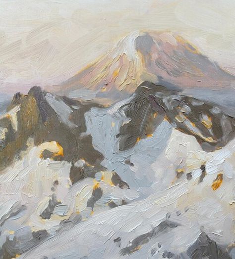 mountain scape oil painting, 8" x 8" oil on panel Oil Painting Landscape Mountains, Mountain Painting Aesthetic, Mountain Scape Painting, Mountains Oil Painting, Aesthetic Mountain Painting, Blue Painting Aesthetic, Snowy Mountain Painting, Acrylic Painting Mountains, Oil Painting Mountains