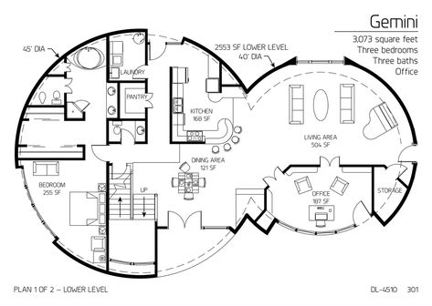 Gemini: The Main Floor of a 45' and 40' Diameter Double Dome, 1,686 SF, Three-Bedroom, Two-Bath Floor Plan Circle House Floor Plans, Yurts Floor Plans, Dome House Plans, Room With French Doors, Monolithic Dome Homes, Circle House, Dome Homes, Earthship Home, Big Closets