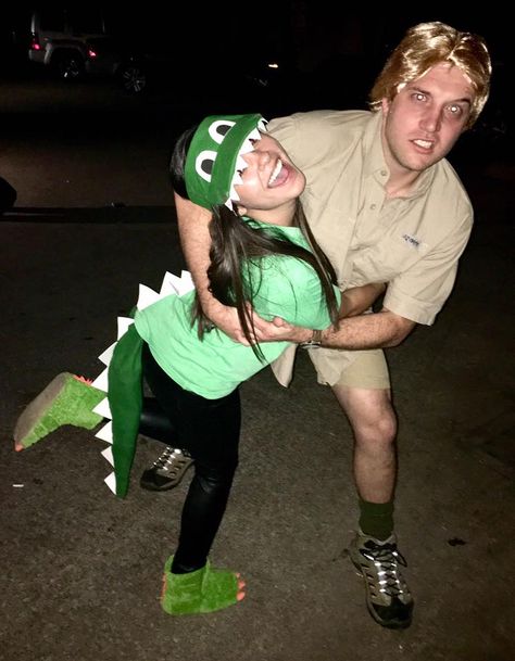 Halloween DIY couple costume Steve Irwin Crocodile Alligator Alligator And Steve Irwin Costume, Alligator Diy Costume, Homemade Crocodile Costume, Crocodile Halloween Costume, Steve Irwin And Crocodile Costume, Alligator Costume Women, Crocodile Costume Women, Diy Alligator Costume, Crocodile Costume Diy