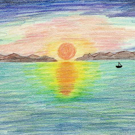 Pencil Crayon Drawing, Drawing Colored Pencil, Sunset Drawing, Crayon Drawing, Crayon Drawings, Pencil Crayon, Journal Doodles, Colored Pencil, Drawing Ideas