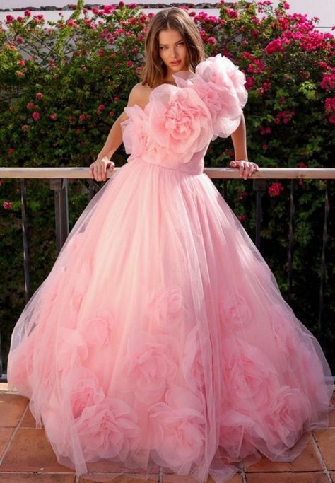 Fashion: #fashion, #style, #outfitinspiration, #beauty Cloud Dress Gowns, Organza Fabric Dress Design, 3d Rose Dress, Layer Gown, Tulle Flower Dress, Rose Petal Dress, Shoulder Shawl, Organza Gown, Ruffled Gown