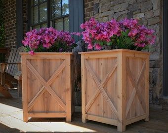 Cedar Landscaping Ideas, Wood Planters Outdoor, Planter Boxes Diy, Rental Updates, Cedar Farmhouse, Cedar Planter Boxes, Tall Planter Boxes, Large Wooden Planters, Farmhouse Planter