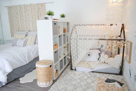 Baby Makes Three: A Shared Master Bedroom & Nursery with Global Style | Apartment Therapy Camera Montessori, Toddler Bedroom Design, Apartment Wishlist, Parents Room, Shared Bedroom, Bedroom Small, Hiasan Bilik, Shared Room, Apartment Bedroom