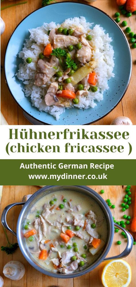 Chicken Fricassee Chicken Frickazee Recipe, Scandinavian Chicken Recipe, Chicken Fricassee Recipe, German Chicken Recipes, German Lunch, Chicken Fricasse Recipe, German Dinner Recipes, German Recipes Dinner, German Chicken