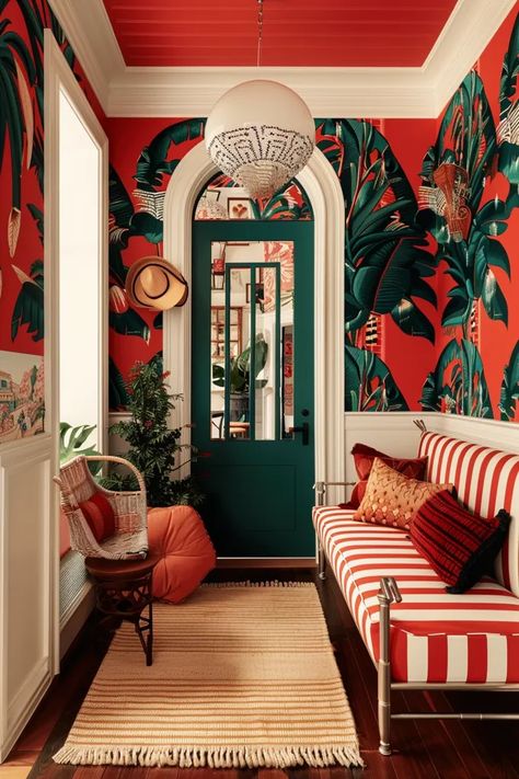 Midjourney AI Image: A modern style entryway that looks like something out of The Block Australia. Wallpaper inspired by ... → more in ai-img-gen.com Tropical Leaf Wallpaper, The Block Australia, Eclectic Entryway, Terracotta Walls, Striped Couch, Wallpapered Entryway, Rug With Tassels, Style Entryway, Australia Wallpaper