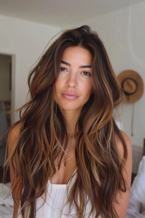 Woman with long, wavy brown hair and highlights, wearing a white top, standing indoors. Dark Hair Bayalage Long, Brunette Foliage Hair, Melted Brunette Balayage, Rich Dimensional Brunette Hair Color, Light And Dark Hair Color Ideas, Women’s Dark Brown Hair With Highlights, Hair For Dark Features, Hair For Dark Eyebrows, Dark Brown Hair Transition To Blonde