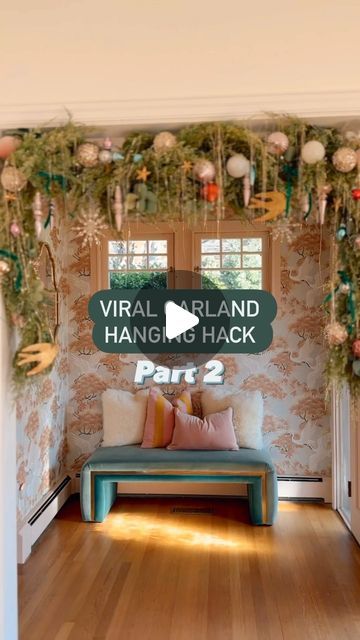 Lacey Farber on Instagram: "Viral garland hanging hack, part 2! The decorations 😍 it’s giving…I never want to take them down! My FAVORITE Christmas decor I’ve ever done in my 38 years of life! . . . . #garland #christmasgarland #christmasdecor #diychristmas #vintagechristmas #nostalgicchristmas #maximalist #popsugarhome #bhghome #apartmenttherapy" Hanging Branches From Ceiling Christmas, Christmas Garland On Ceiling Beams, Garland With Hanging Ornaments, Hallway Garland Christmas, Hanging Garland On Wall, Garland Hanging Hack, How To Store Christmas Garland, How To Hang Christmas Garland, Garland On Ceiling