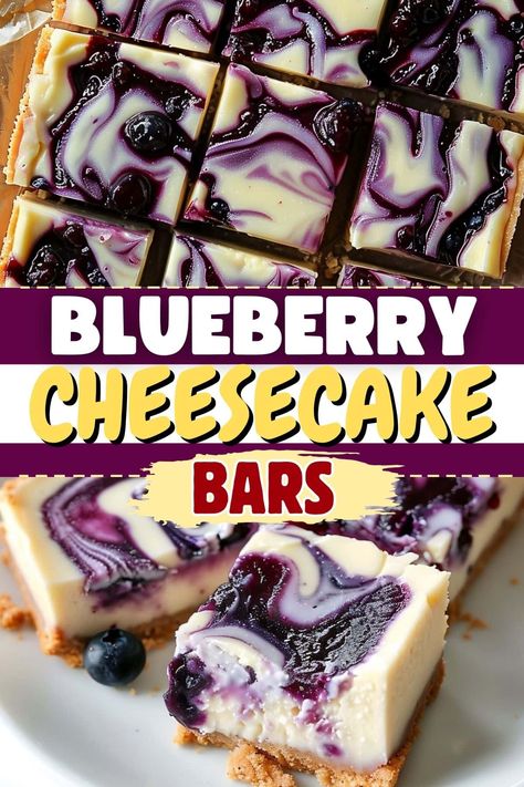 A buttery crust and silky cheesecake meet jammy berries in these irresistible blueberry cheesecake bars for a delicious twist on a classic summer dessert. Huckleberry Cheesecake Bars, Blueberry Cheesecake Brownies, Blueberry Bars Recipes Easy, Dessert Recipes With Blueberries, Blueberry Cream Cheese Dessert, Blueberry Cheesecake Recipes, Brownie Board, Quick Summer Desserts, Berry Cheesecake Recipes