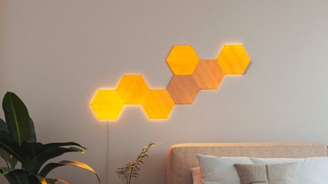 Nanoleaf Designs, Wood Hexagon, Light Panels, Bespoke Lighting, Smart Lights, Yanko Design, Smart Lighting, Kit Homes, Nebraska Furniture Mart