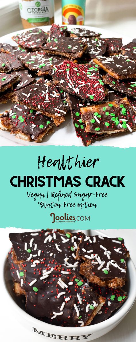 Christmas Crack is an irresistible buttery holiday treat made with saltine crackers, date toffee sauce, & chocolate. Vegan, Refined Sugar-Free, Gluten-Free Option. Saltine Cracker Recipes Sweets, Christmas Crackle, Peanut Butter Buckeyes, Christmas Crunch, Saltine Toffee, Christmas Eats, Cracker Toffee, Toffee Sauce, Cheap Recipes