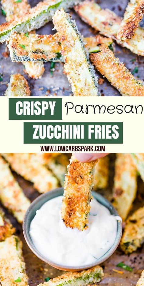 These crispy baked zucchini fries are delicious, satisfying, cheesy, and easy to make. Enjoy these fries as a keto healthy snack, appetizer or side dish for just 1.3g carbs a serving. Cheesy Zucchini Bake, Zucchini Pommes, Low Carb Zucchini Fries, Baked Zucchini Fries, Parmesan Zucchini Fries, Zucchini Recipes Baked, Easy Zucchini Recipes, Keto Protein, Keto Healthy