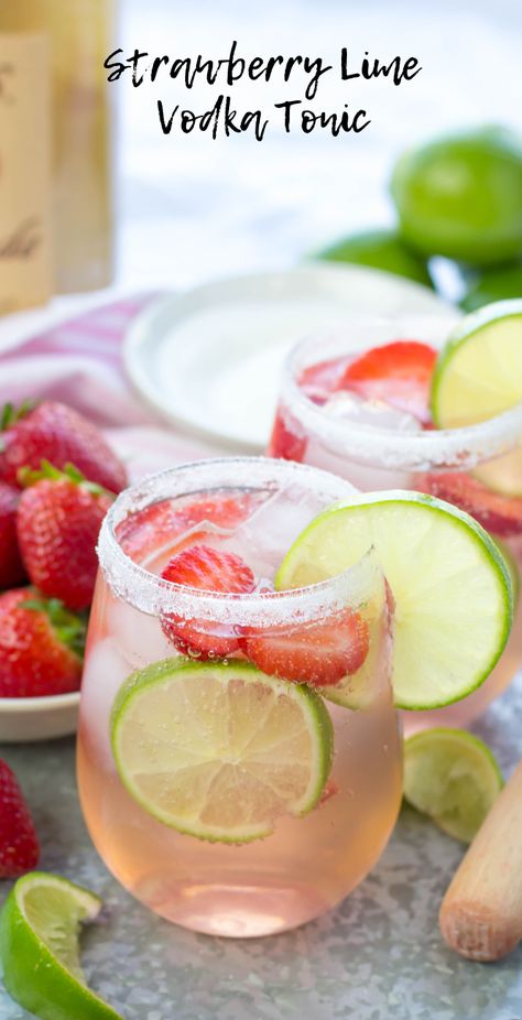 Strawberry Lime Vodka Tonic is made with vodka, tonic water, freshly squeezed lime juice, fresh strawberries and just a pinch of sugar with a sugar rim and a lime slice garnish | vodka cocktails | summer cocktail recipes | vodka tonic recipe | #cocktail Summer Vodka Cocktails, Lime Slice, Vodka Tonic, Tonic Recipe, Vodka Cocktails Recipes, Watermelon Margarita, Vodka Cocktail, Strawberry Lime, Boozy Drinks