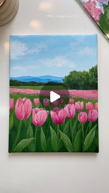 Canvas Painting Ideas Nature Simple, Tulip Garden Painting Acrylic, Watercolor Art Tulips, Acrylic Painting Videos On Canvas, How To Paint Tulips Acrylics, Flower Canvas Painting Easy, Acrylic Painting Tulips, Tulips Painting Acrylic, Tulip Canvas Painting