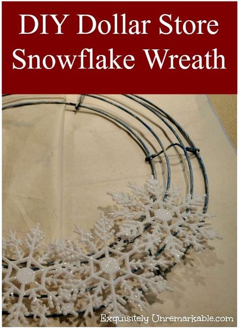 Dollar Store Snowflake Wreath |Exquisitely Unremarkable Store Ornaments, Easy Snowflake, Diy Christmas Snowflakes, Dollar Store Christmas Decor, How To Make Snowflakes, Dollar Store Christmas Crafts, Dollar Tree Christmas Decor, Snowflake Wreath, Wreath Frame