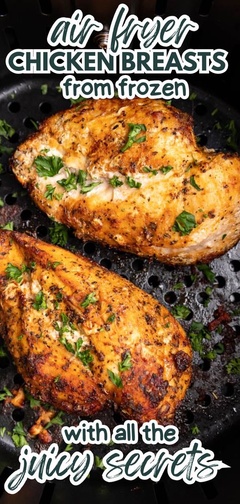 An overhead close up view of two chicken breasts in an air fryer basket. How To Bake Chicken In Air Fryer, Air Fryer Chicken From Frozen, Costco Frozen Chicken Recipes, Frozen Chicken Oven Recipes, Frozen Chicken Air Fryer Recipes, Cooking Chicken From Frozen, Air Fry Frozen Chicken Breast, Frozen Chicken In Air Fryer, Baked Frozen Chicken Breast