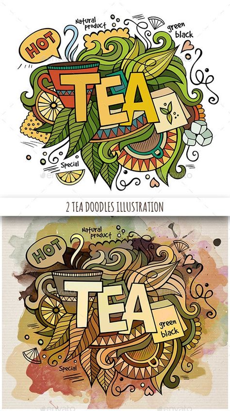 2 Tea Doodles Designs by balabolka | GraphicRiver Chai Illustration, Indian Doodle, Tea Store Design, Tea Background, Tea Time Illustration, Tea Poster, Mural Cafe, Tea Restaurant, Tea Illustration