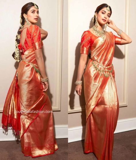 pooja hegde brother wedding pooja in kanjeevaram saree scaled Red Kanjeevaram Saree Bride, Kanjeevaram Saree Look, Orange Wedding Saree, Kanjeevaram Blouse Designs, Kanjivaram Saree Look, Bridal Kanjeevaram Saree, Gold Kanjeevaram Saree, Pellikuthuru Function, Pink Kanjeevaram Saree