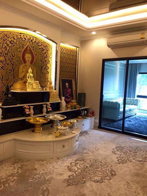 Buddha room Pray Room Buddhist, ဘုရားခန်း Design, Buddha Vihar Design For Home, Buddha Mandir At Home, Buddha Home Decor Living Room, Buddha Room Design Modern, Shrine Room Design, Buddhist Home Decor, Buddha Shrine Room Design