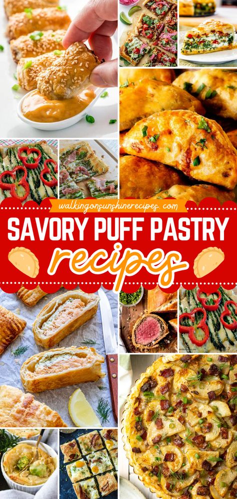 The perfect addition to any breakfast platter! This roundup features puff pastry recipes with a savory filling like pizza, pot pies, quiche, and more. You'll love them as a quick lunch recipe and a family dinner idea, too! Puff Pastry Supper Ideas, Dinner Recipe With Puff Pastry, Dinners Using Puff Pastry, Essen, Savory Puffed Pastry Recipes, Lunch Puff Pastry Recipes, Recipes Using Pastry Dough, Pastry Puff Dinner Recipes, Dinner Puff Pastry Recipes