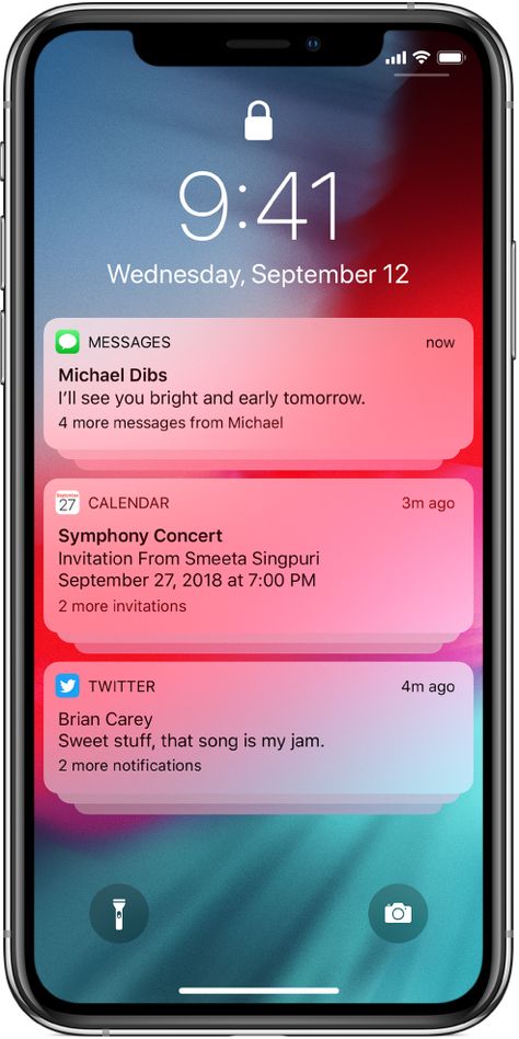 Three groups of notifications on the Lock screen: five messages, three Calendar invitations, and three Twitter notifications. Whatsapp Message Notification, Phone Notification Aesthetic, Insta Notification, Messages Notification Iphone, Lock Screen Notification, Whatsapp Notification, Ios Notifications, Notification Template, Apple Template