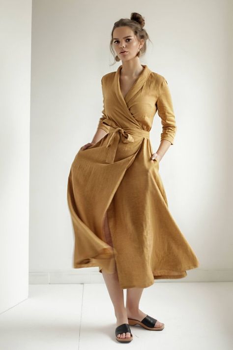 Mustard Linen Wrap DressLinen Dress Shawl Collar Linen Linen Wrap Dress Pattern, Natural Linen Dress, Wrap Dress Pattern, Linen Wrap Dress, Minimalist Dress, Dresses By Pattern, Dress With Shawl, Long Linen Dress, Dress For Summer