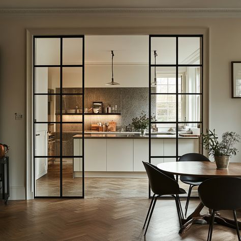 Install Crittall Glass Partition Walls For Impact | The White Kitchen Company Divide Kitchen From Living Room, Kitchen Glass Partition, Kitchen Divider Ideas, Glass Wall Kitchen, Kitchen And Living Room Divider Ideas, Separate Living Room And Kitchen, Living Room Kitchen Divider, Living Room Kitchen Partition, Kitchen Living Room Divider