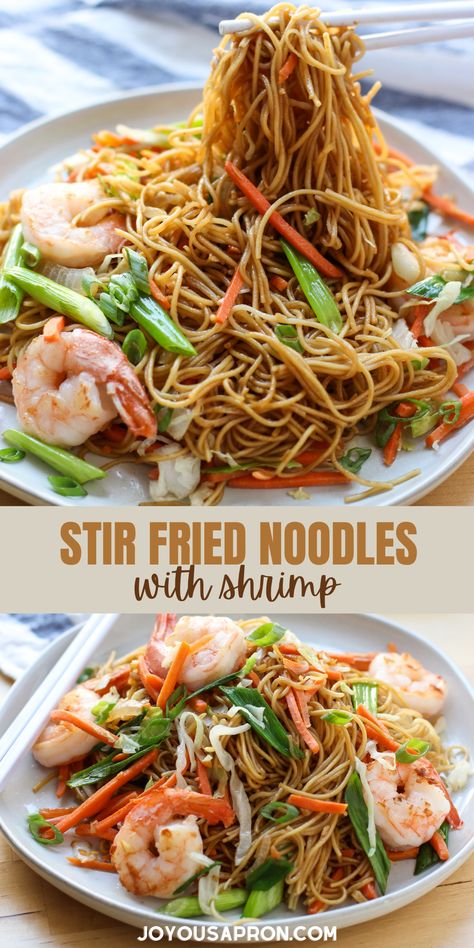 Stir Fried Noodles with Shrimp - easy and yummy Asian (Chinese) noodle stir fry - a quick seafood dinner! Noodles stir fried with cabbage, carrots, and shrimp...ready in 30 minutes! #noodle #shrimp #noodles #stirfry #seafood #Asian #stirfry #dinner #easydinner #recipe #joyousapron Shrimp Noodle Stir Fry, Fried Egg Noodles, Noodles Dishes, Seafood Stir Fry, Joyous Apron, Stir Fry Noodles Recipe, Stir Fried Noodles, Stir Fry Shrimp Recipes, Fried Noodles Recipe