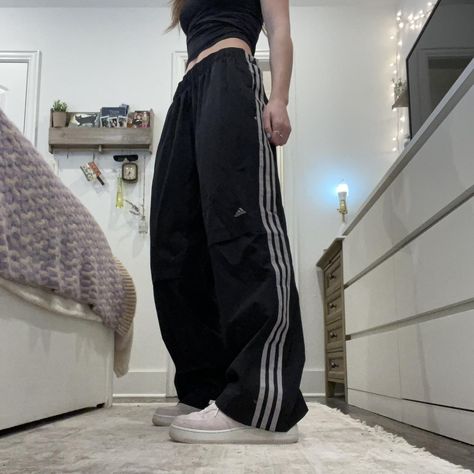 🖤Black and Gray Adidas Athletic Pants 🚶🏼Size- large... - Depop Baggy Adidas Track Pants, Baggy Adidas Sweatpants, Adidas Oversized Pants, Black Adidas Sweatpants Outfit, How To Style Adidas Pants, Adidas Trousers Outfit, Adidas Baggy Pants, Track Pants Aesthetic, Black Track Pants Outfit