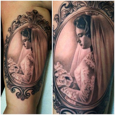 Portrait frame tattoo Picture Frame Tattoo, Potrait Tattoo, Portrait Tattoo Sleeve, Breastfeeding Tattoo, Frame Tattoo, Grandma Tattoos, Framed Tattoo, Religious Tattoos, Memorial Tattoos