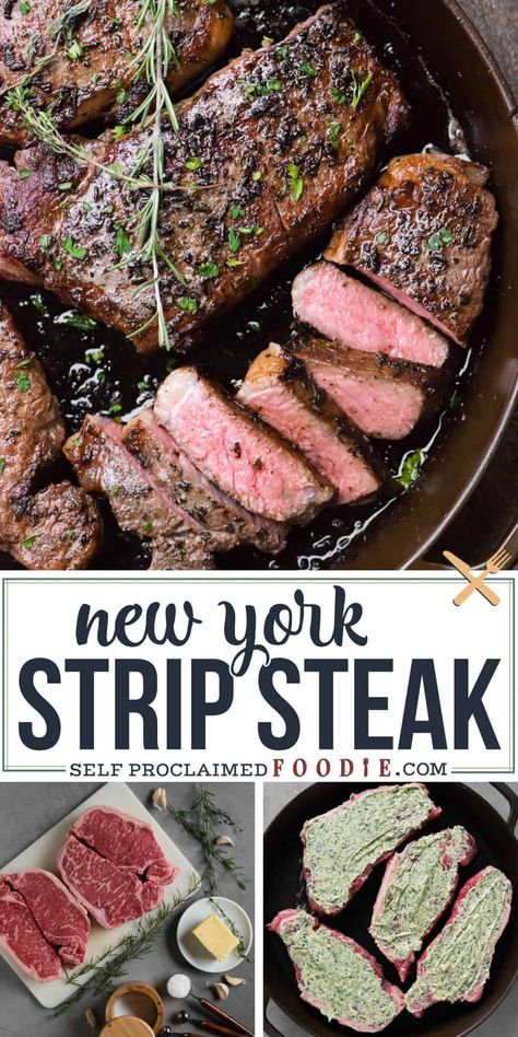 Ny Strip Steak Recipes Pan Seared, Strip Steak Recipe Oven, New York Steak Recipes, Steak Recipes Pan, New York Steak Recipe, Ny Strip Steak Recipes, Steak Recipes Pan Seared, Steak On Stove, Thyme Butter