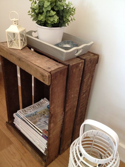 Wooden crate ideas Wood Crate Bedside Table, Wooden Crate Side Table, Wooden Milk Crate Ideas, Wooden Crate Nightstand, Wooden Crate Bedside Table, Pallet Bedside Table, Wooden Crate Ideas, Crate Bedside Table, Crate Stand