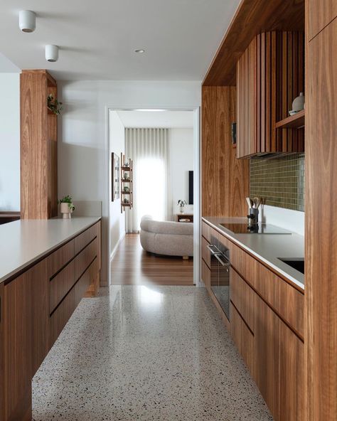 Kitchen Interior Mid Century Modern, Terrazzo Floors Kitchen, Mid Century Industrial Kitchen, Mid Century Modern Terrazzo, Mid Century Terrazzo Floor, Mid Century Backyard Ideas, Kitchen With Terrazzo Floors, Mid Century Kitchen Floor, Mid Century Renovation Before And After