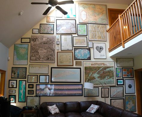 Hardly Housewives: The Great Map Wall Wall Of Maps, Map Gallery Wall, Picture Wall Living Room, Surf House Decor, Den Ideas, Pictures Wall, Surf House, Furniture Placement, Story Map