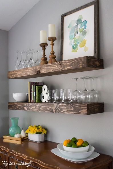 Dining Room Storage With Floating Shelves Floating Shelves Bathroom, Decor Ikea, Build Floating Shelves, Dining Room Storage, Estantes Flotantes, Dining Room Inspiration, Cool Ideas, Dining Room Walls, Ikea Hacks