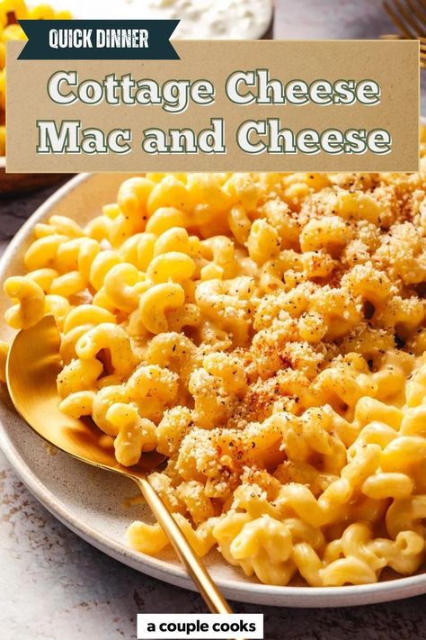 This cottage cheese mac and cheese is a protein-packed, delicious twist on the classic comfort food that's surprisingly satisfying! It's easy to whip up this creamy spin in a blender. #cottagecheese #cottagecheesemacandcheese #macandcheese #easypasta #easydinner #fastdinner #easydinnerideas #fastdinnerideas #meatlessmeal #meatlessmealideas #vegetarian #vegetariandinner #highprotein #highproteinrecipe Cottage Cheese Mac And Cheese, Healthy Mac And Cheese, Cheese Mac And Cheese, Vegan Brunch Recipes, Best Fish Recipes, Winter Salad Recipes, Salad Dressing Recipes Healthy, A Couple Cooks, Vegan Brunch