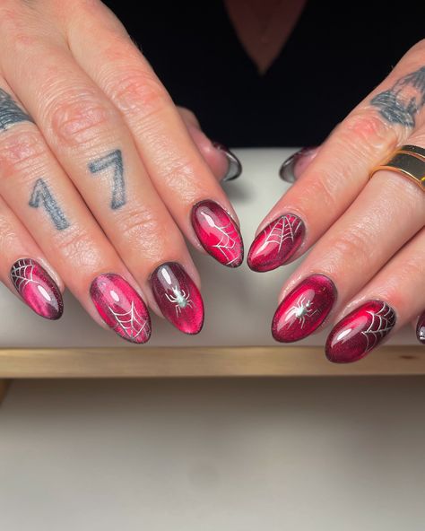 🕸️ Spooky season is here! These chrome spider web nails are giving all the Halloween vibes 👻 If you’re looking for a chic way to celebrate the season, this design brings the perfect mix of bold red with a holographic twist. 💅✨ Book your fall-inspired nail art now and let’s create something unique for your Halloween festivities! #HalloweenNails #SpiderWebNails #NailArtDesign #ChromeNails #FallNailInspo #SpookySeasonNails #NailTechLife #NailGoals #NailArtist #SeasonalBlissNails” #Buckey... Red Spider Nails, Spider Web Nails, Spider Nails, Web Nails, Red Spider, Halloween Festivities, Halloween Vibes, Chrome Nails, Autumn Inspiration