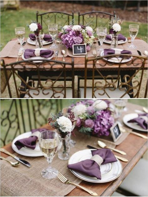 Shades of purple and grey wedding for Rustic table Wedding Ideas Purple, Elegant Wedding Colors, Gray Wedding Colors, Purple Wedding Decorations, Purple Wedding Inspiration, Purple Candles, Plum Wedding, Cake Table Decorations, Garden Wedding Inspiration