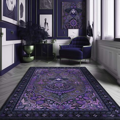 Transform your space with this enchanting witch-themed rug, perfect for adding a touch of magic to any room. Dominated by mesmerizing shades of purple and intricate floral patterns, this rug features a beautifully detailed witch at its center, surrounded by a tapestry of mystical symbols and designs. Ideal for witchy room decor and a unique gift for those who appreciate the mystical and the magical, this washable and easy-to-clean rug combines functionality with artistic flair. Whether for a coz Fairycore Decor, Whimsigoth Decor, Magic Room, Gothic Rug, Purple Room Decor, Bedroom Purple, Witchy Room, Purple Magic, Purple Gothic