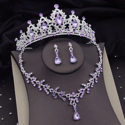 Gorgeous Purple Crystal Bridal Jewelry Sets for Women Tiaras Crown Bride Earrings Necklace Wedding Lilac Crown Quince, Lilac And Blue Quinceanera, Purple Wedding Crown, Lavender Crown Quince, Purple Wedding Tiara, Quince Inspo Purple, Quince Decorations Purple And Silver, Purple And Silver Jewelry, Quince Crowns Purple