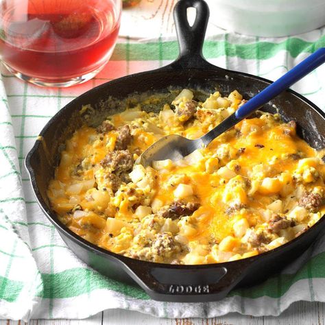 Sausage, Egg and Cheddar Farmer's Breakfast Recipe | Taste of Home Sausage And Egg Recipes, Farmers Breakfast, Sausage And Eggs, Sausage Hash, Breakfast Skillet, Queso Cheddar, Ground Sausage, Buffalo Chicken Dip, Sausage And Egg