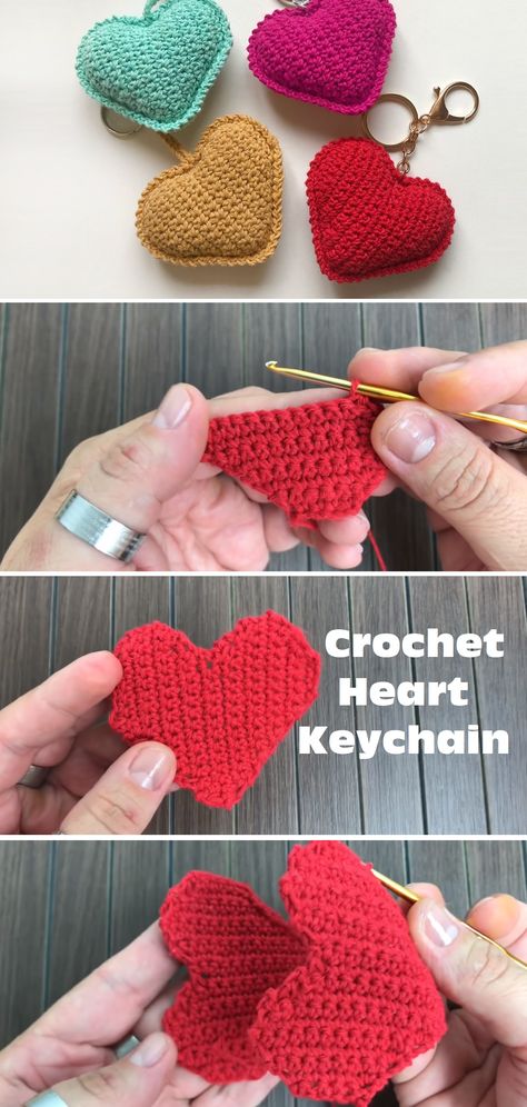 Crochet Heart Step By Step, Valentine Crochet Gift Ideas, Crochet Heart Keyring, Simple Crochet Beginner, Simple Crochet Keychain Pattern, Crochet Valentines Keychain, Heart Crochet Projects, Crocheted Keychains Free, How To Make A Heart Crochet