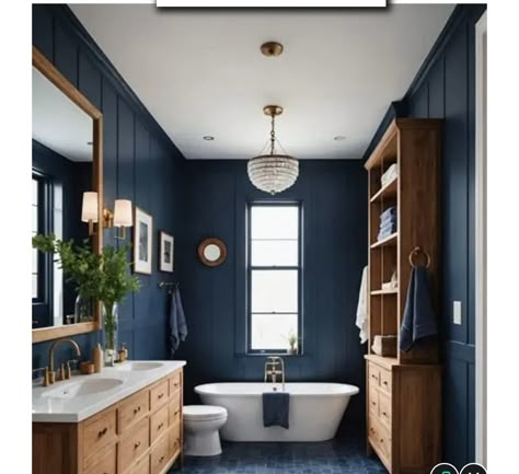 Dark Blue Panelling Bathroom, Blue And Wood Bathroom Ideas, Blue And Wood Bathroom, Navy Blue Bathroom Walls, White Ensuite, Blue Brown Bathroom, Dark Blue Bathroom, Blue Bathroom Walls, Dark Blue Bathrooms