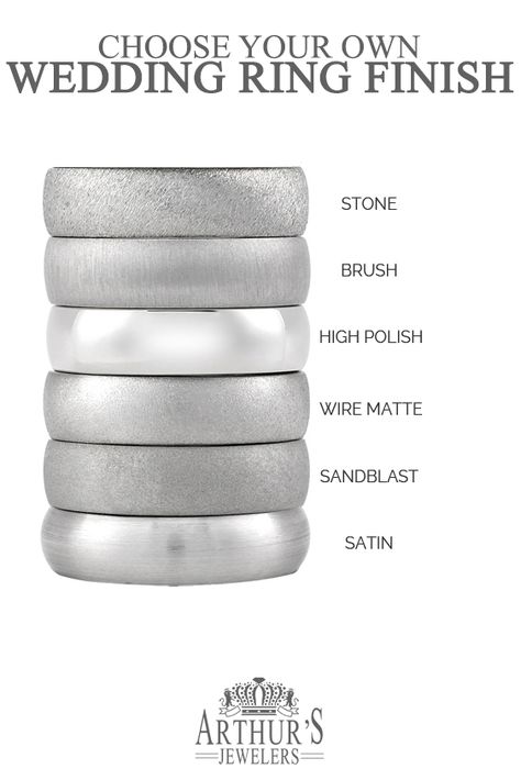 Choose your own wedding ring finishes from stone, brushed, high polish, wire matte, sandblast, satin finish, or distressed. Any men's wedding band can be customized in any metal or finish at Arthur's Jewelers. #mensweddingbands #weddingrings #mensbands #weddings Men’s White Gold Wedding Ring, Brushed White Gold Mens Wedding Band, White Gold Wedding Ring Men, Mens Wedding Ring Platinum, Platinum Wedding Ring Men, Silver Vs White Gold, Men White Gold Ring, Gold And Silver Wedding Bands, Men’s Wedding Band Platinum