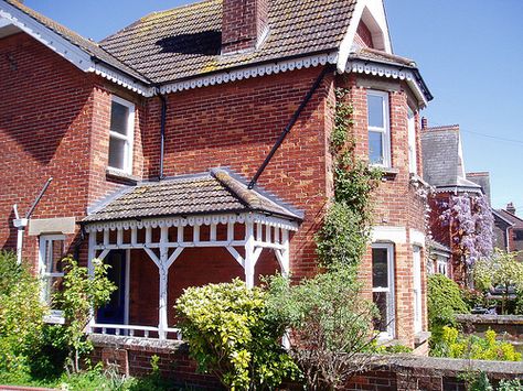 Love this fretwork-simple yet lovely Edwardian House Exterior, Victorian Entrance, September Garden, Victorian Country House, Front Path, Victorian Front Doors, Porch Canopy, Porch Wood, Victorian Porch