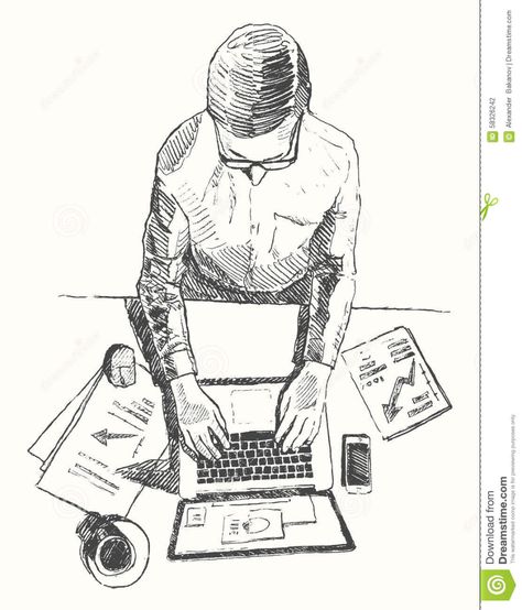 Sketch Hands Computer Man Office Top View Drawn Stock Vector - Illustration of hand, desk: 58326242 Person Working On Laptop, Sketch Of Hands, Office Top View, Sketch Hands, Computer Sketch, Laptop Drawing, Computer Drawing, Office Top, Person Drawing